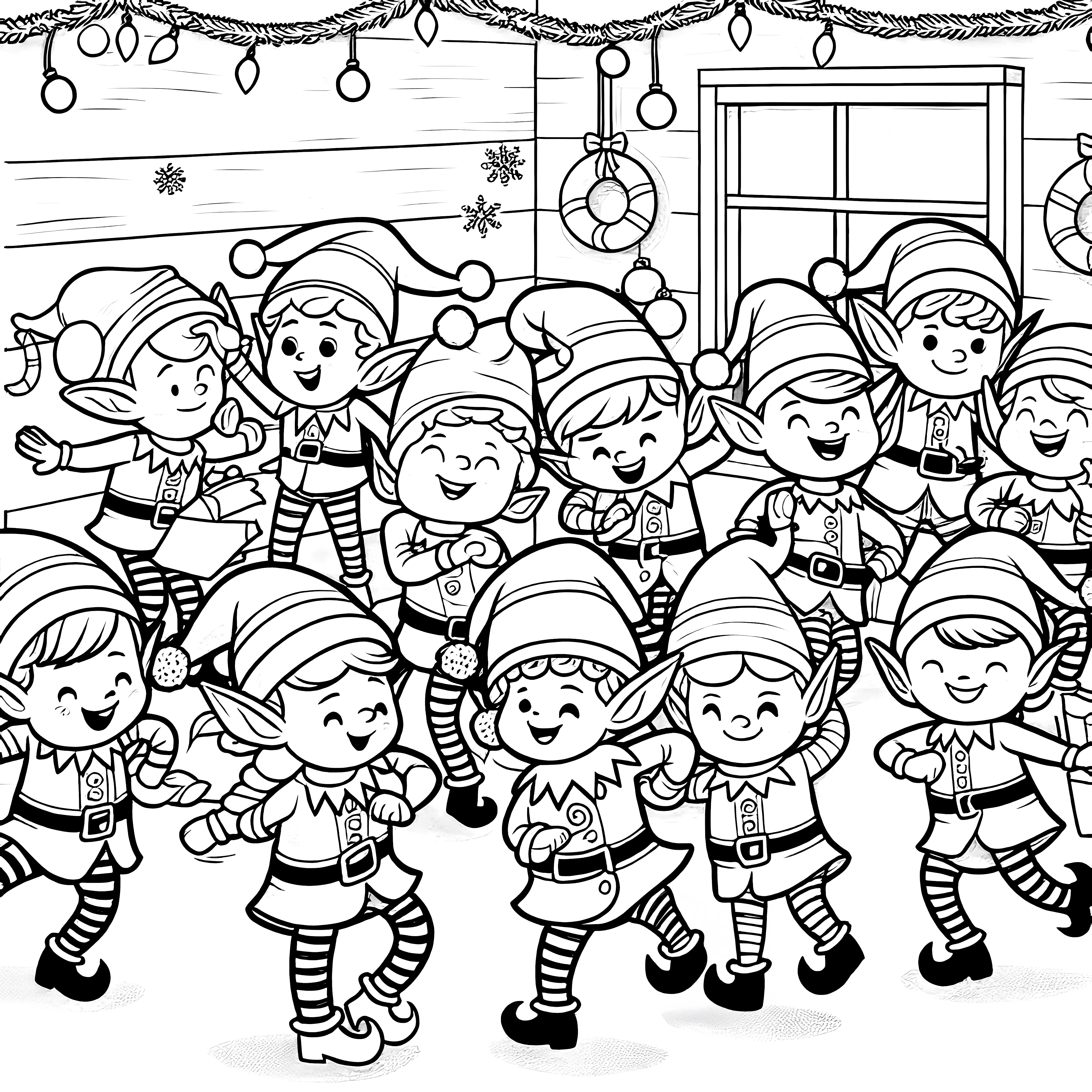 Duendes de Natal a dançar e a cantar (desenho de Natal para colorir)