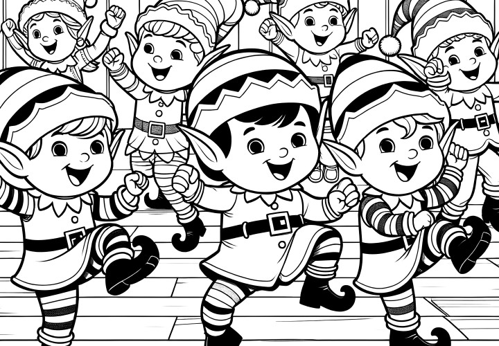 Duendes de Natal que dançam: Desenho de Natal para colorir