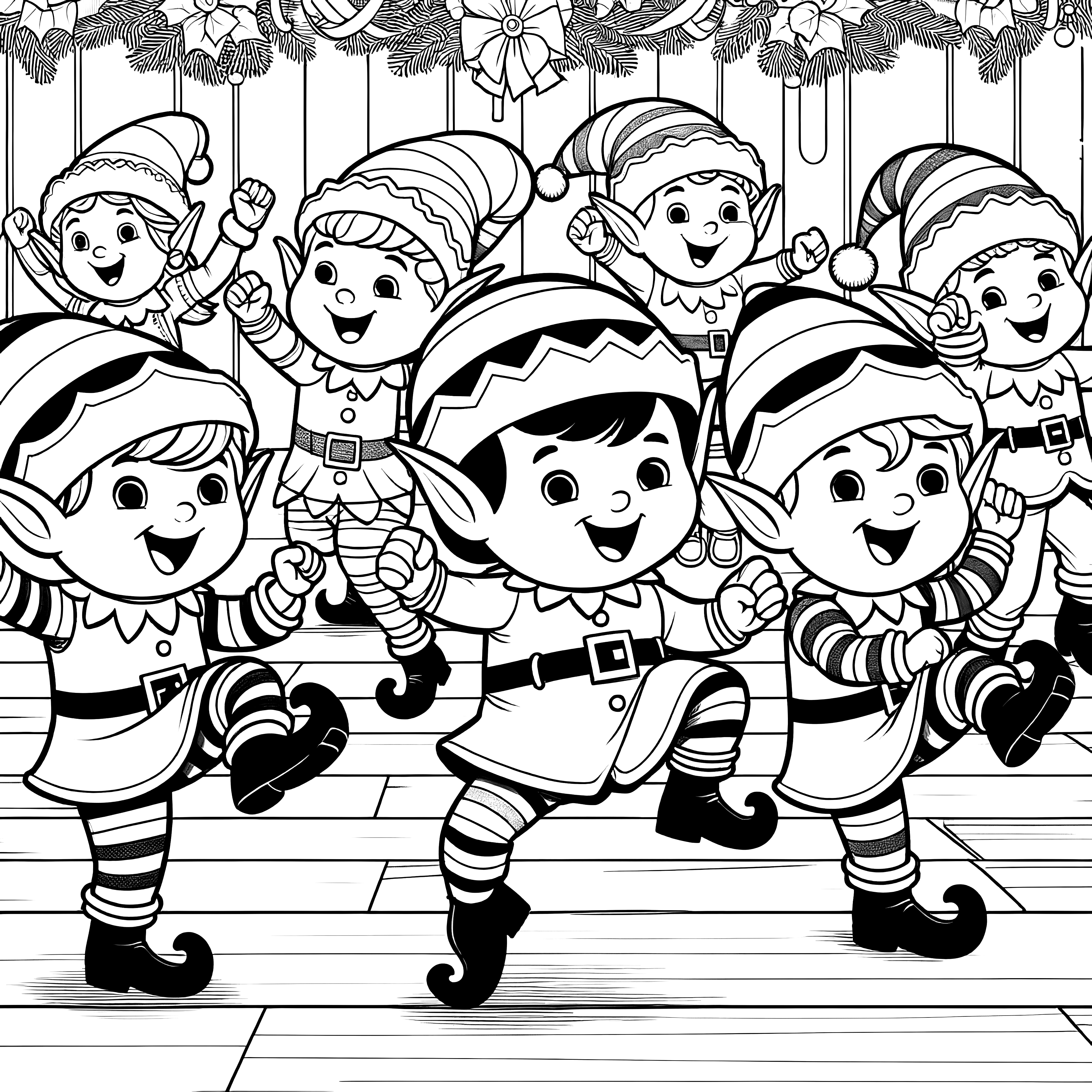 Dancing Christmas elves: Christmas picture to color