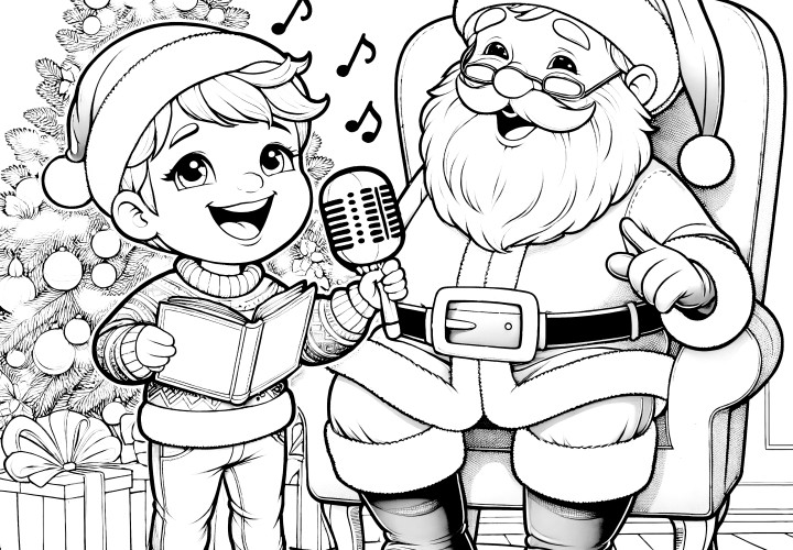 Papá Noel y niño cantando (plantilla de color para colorear gratis)