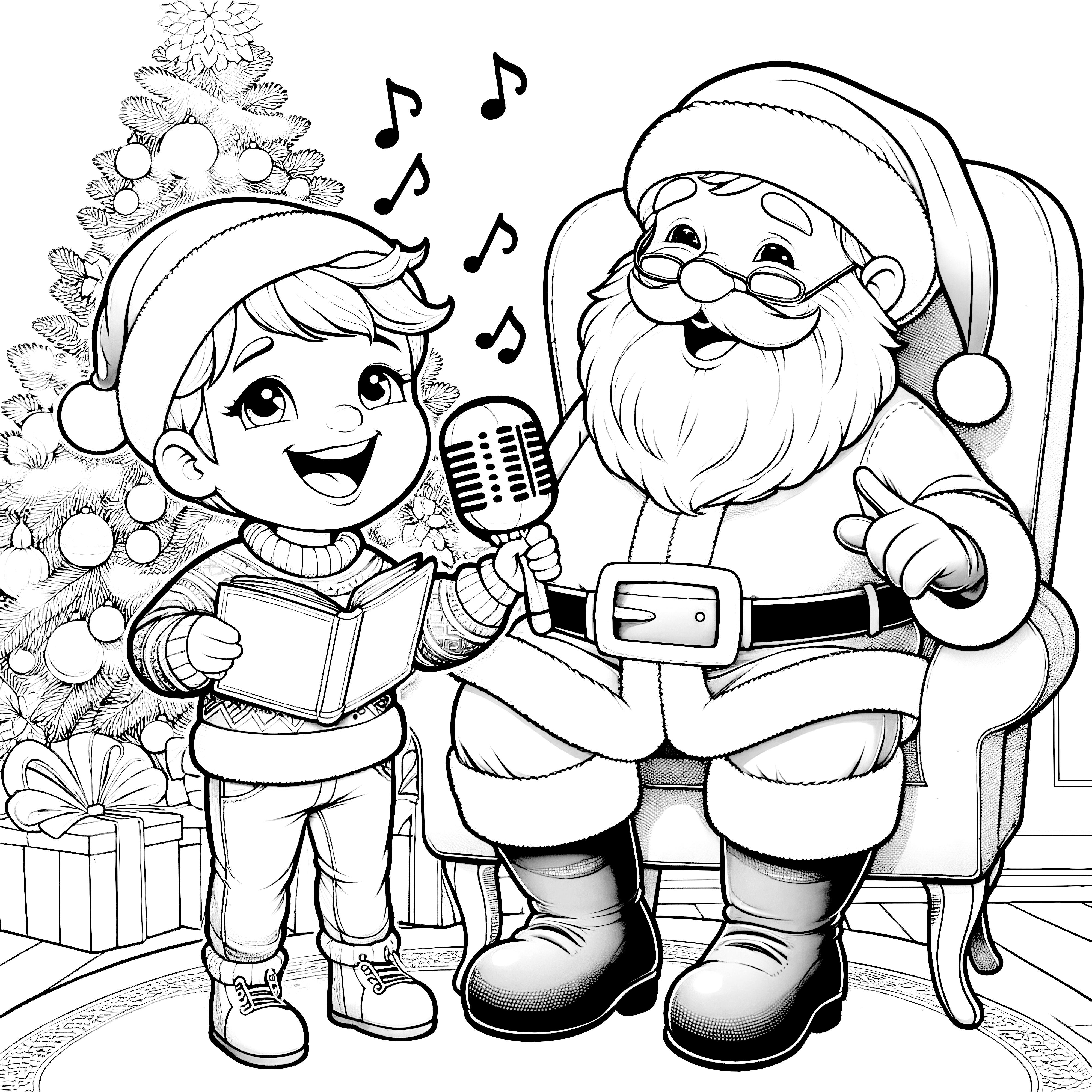 Papá Noel y un niño cantando (plantilla para colorear gratuita)