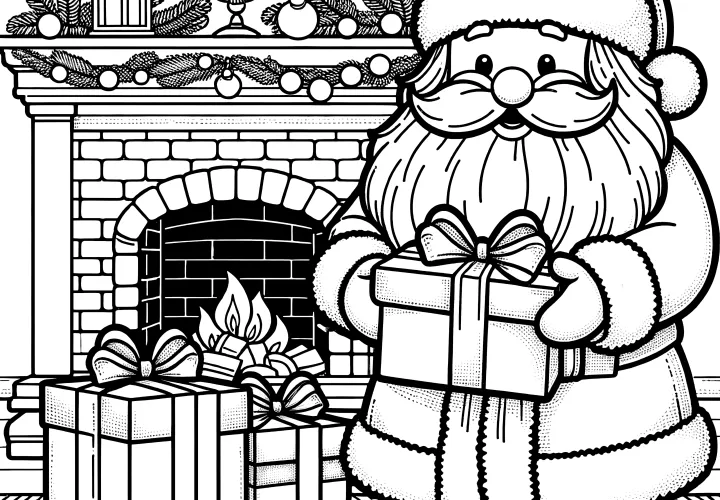 Santa Claus by the fireplace with gifts (free coloring sheet)