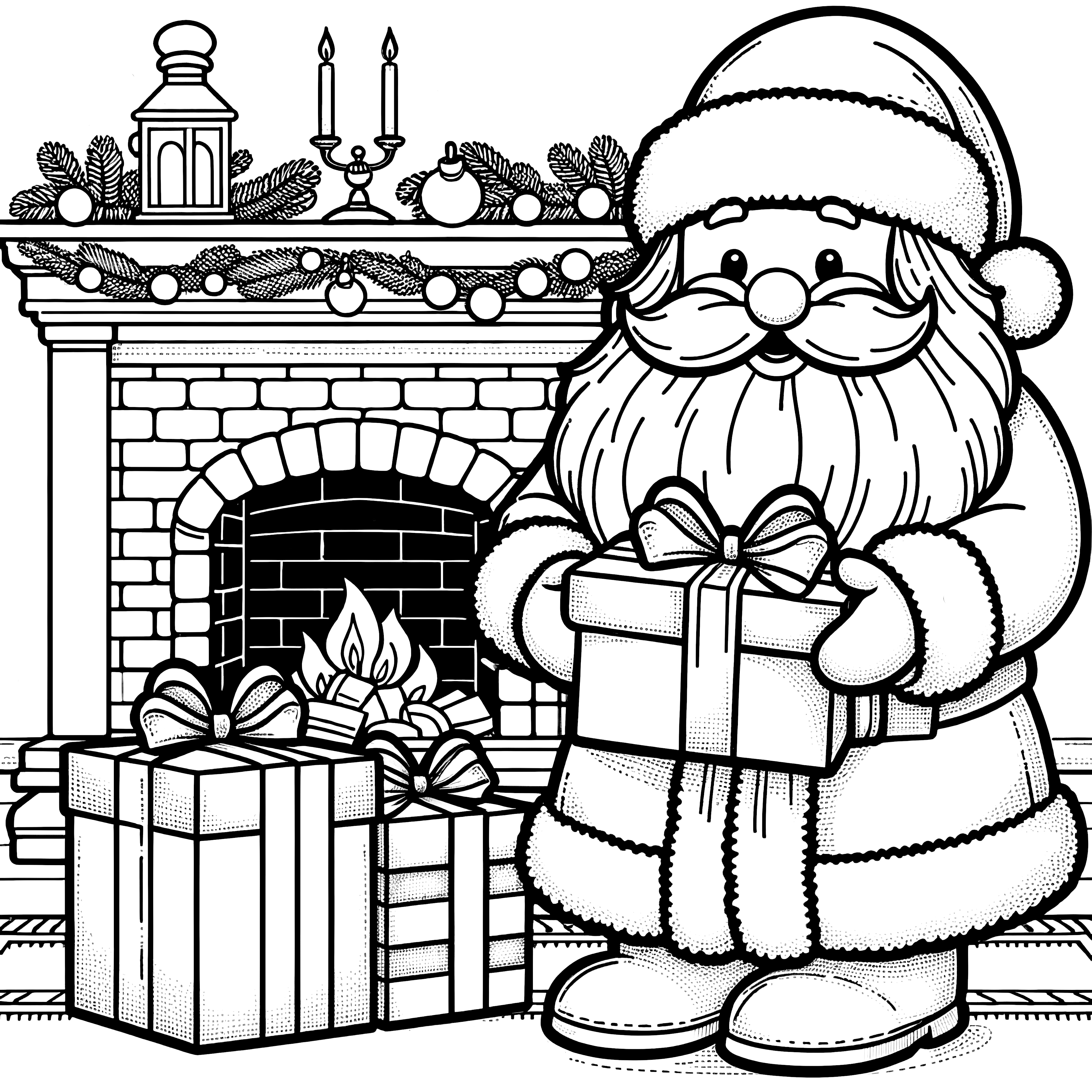 Santa Claus at the fireplace with presents (free coloring picture)