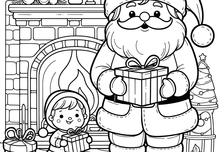 Santa Claus by the fireplace: Coloring page for children