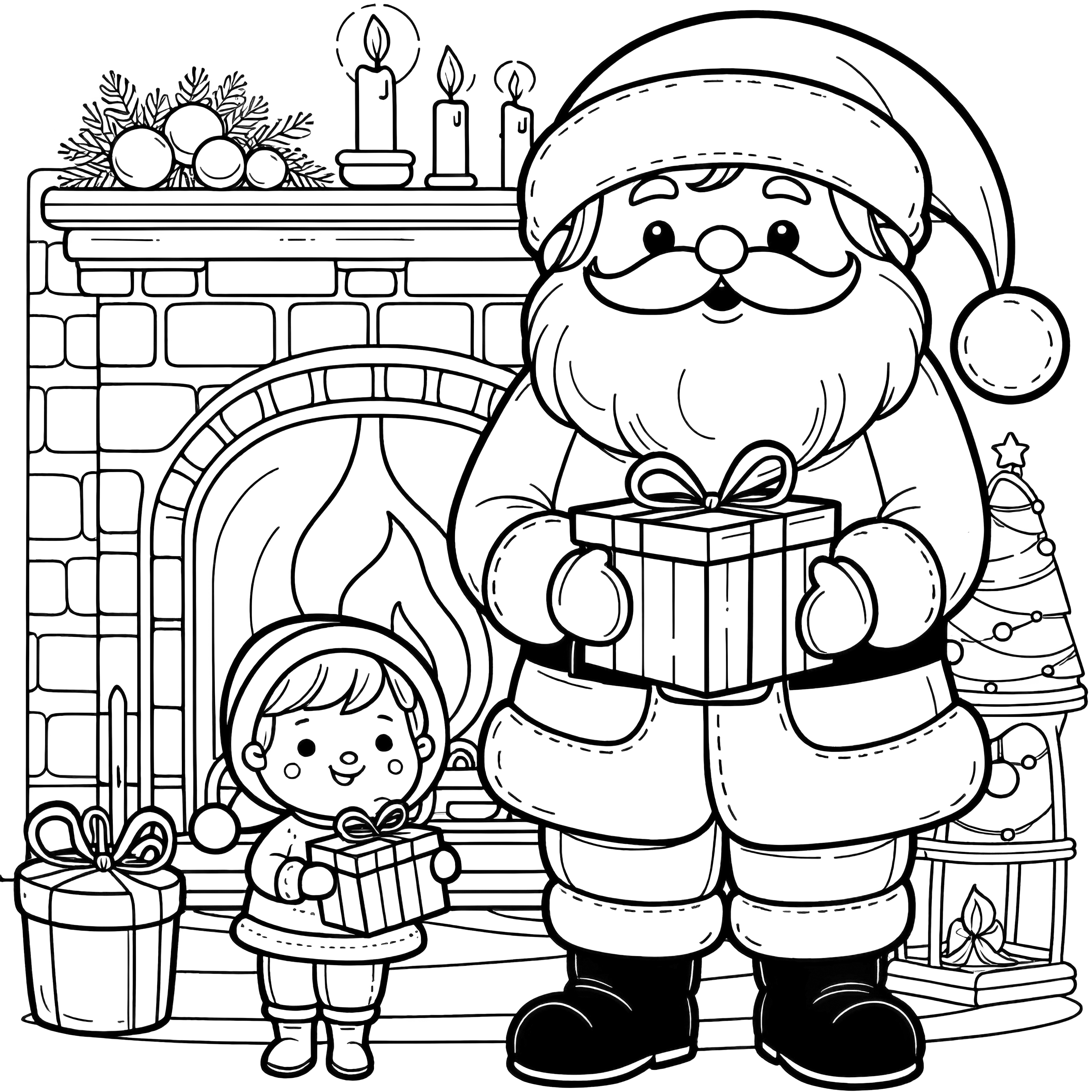 Père Noël devant la cheminée : coloriage pour enfants