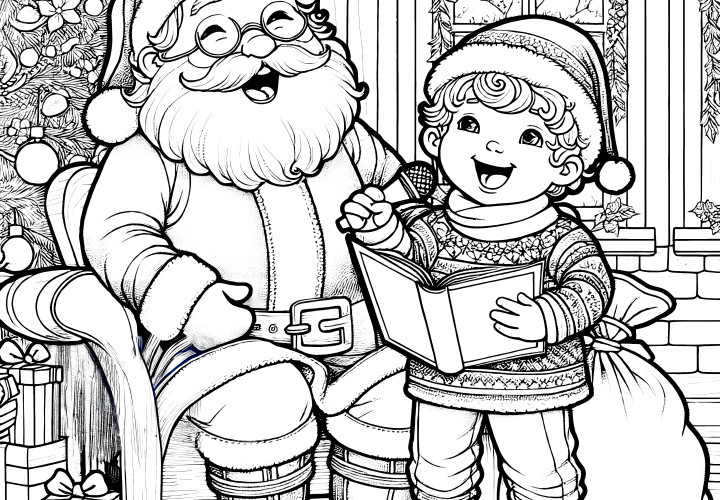 Le Père Noël et l'enfant chantent autour du sapin de Noël (Coloriage)