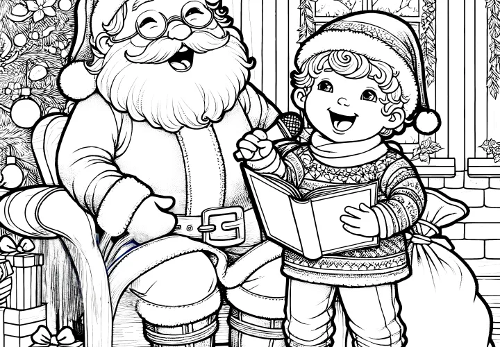 Santa Claus and child sing at the Christmas tree (coloring page)