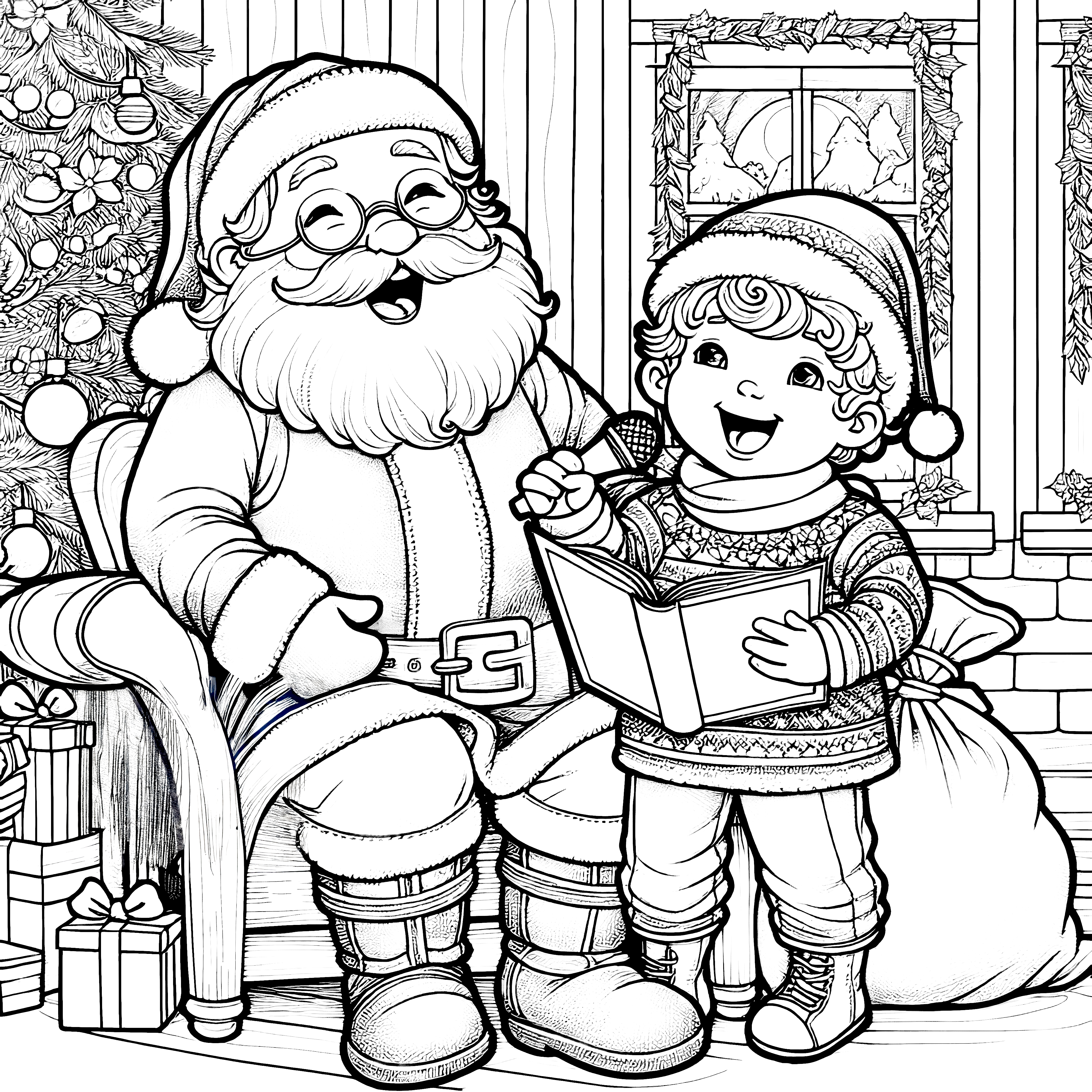 Le Père Noël et l'enfant chantent autour du sapin de Noël (Coloriage)