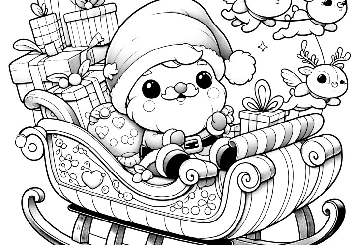 Santa Claus with sleigh, reindeer & presents: coloring page