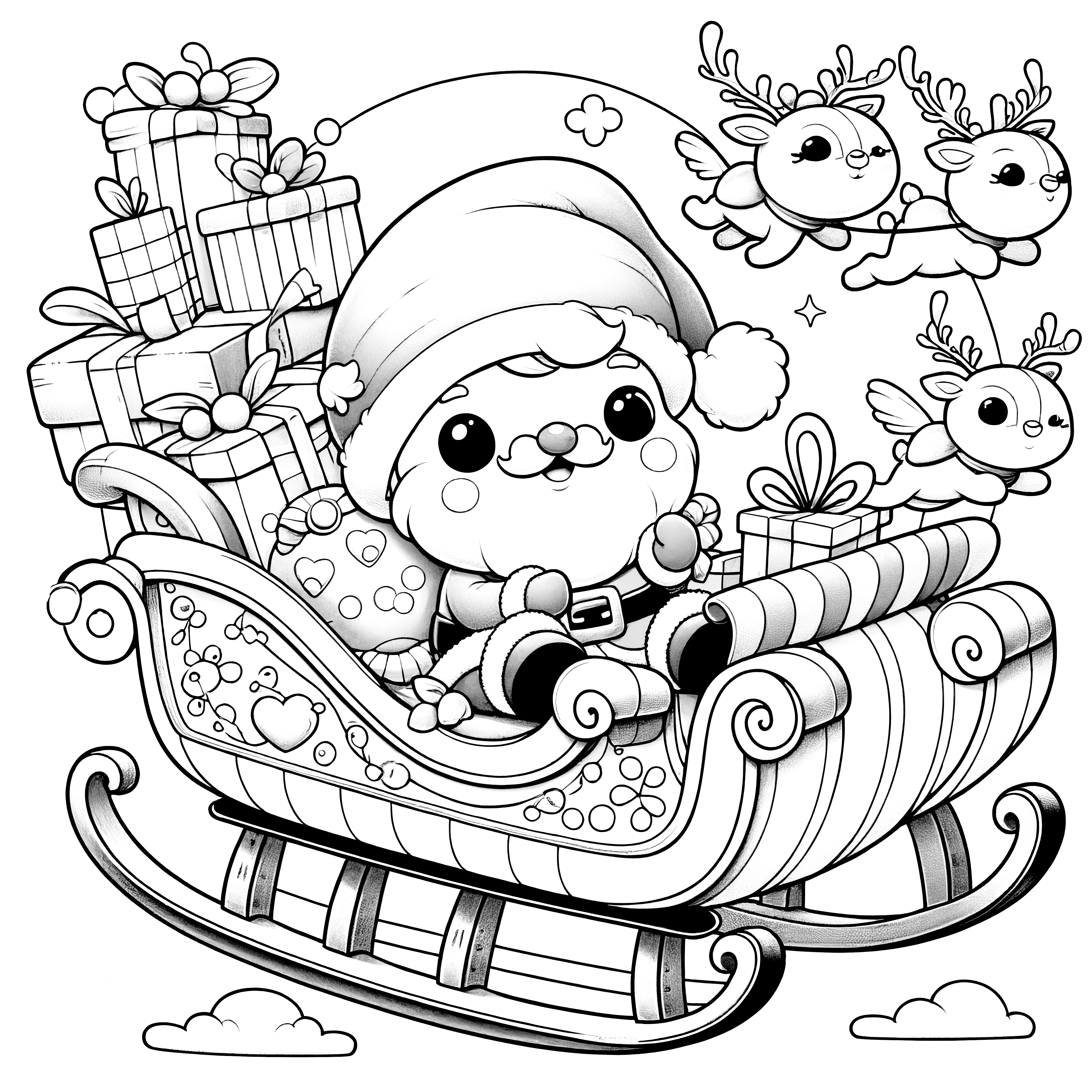 Santa Claus with sleigh, reindeer & gifts: Coloring page