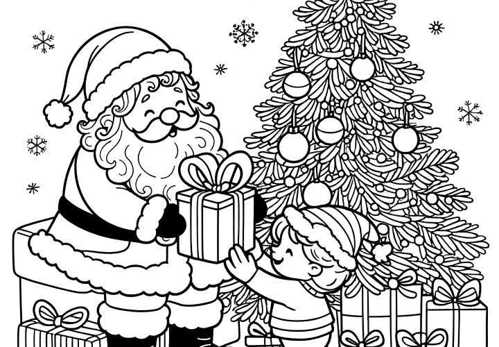 Papá Noel, árbol de Navidad y niño: Plantilla para colorear gratis