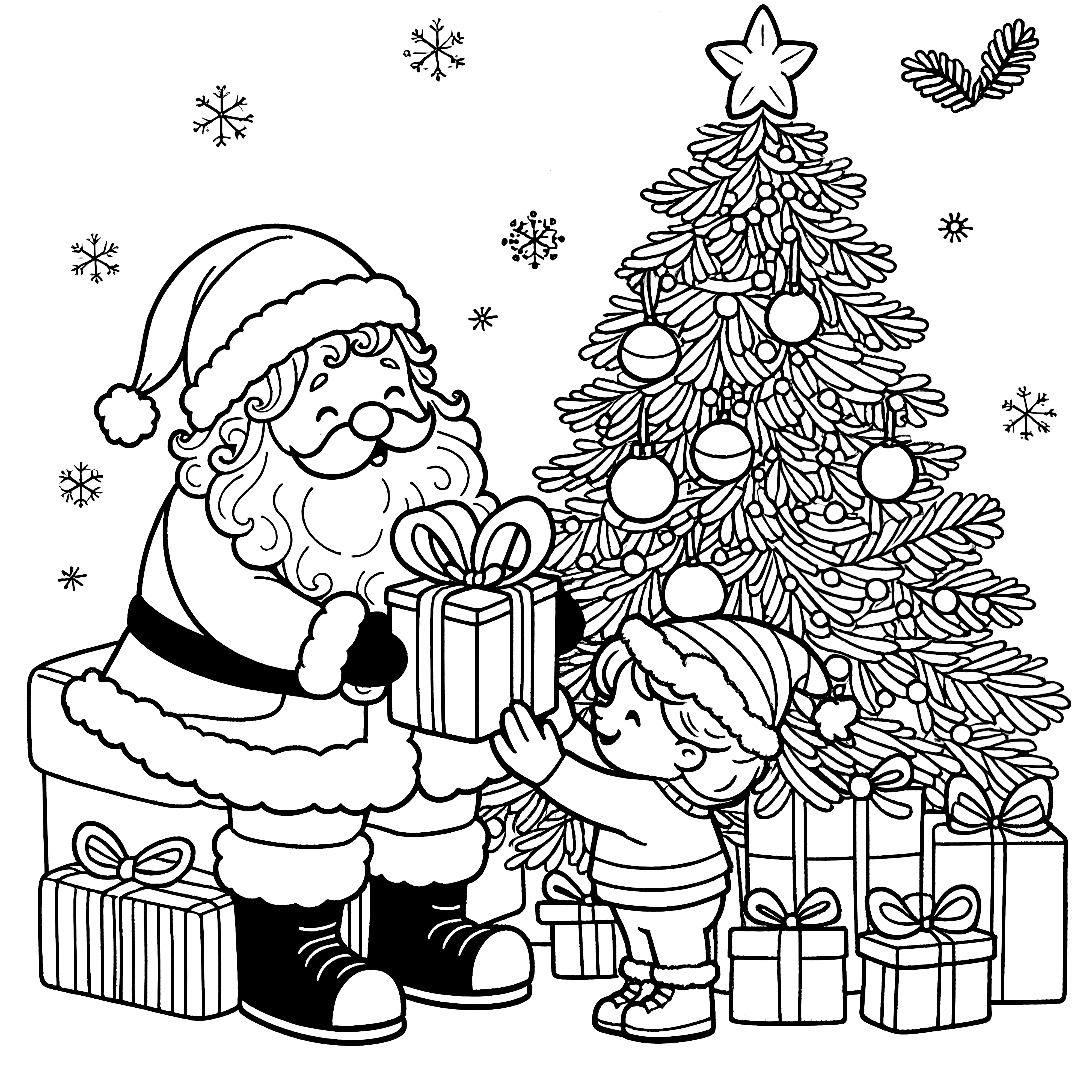 Père Noël, sapin & enfant : Coloriage gratuit