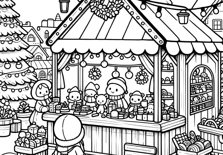 Au marché de Noël : image gratuite à colorier