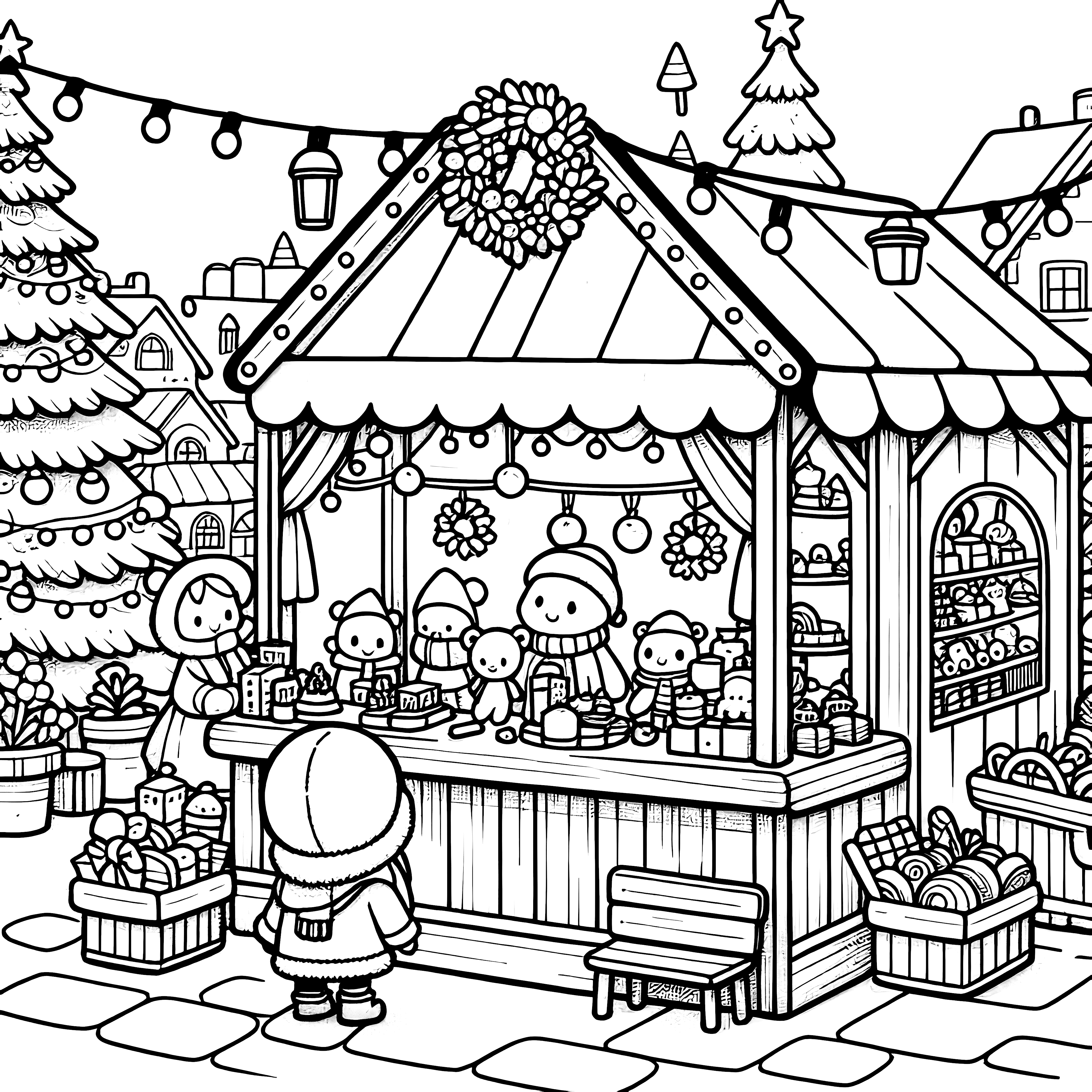 At the Christmas market: free picture to color