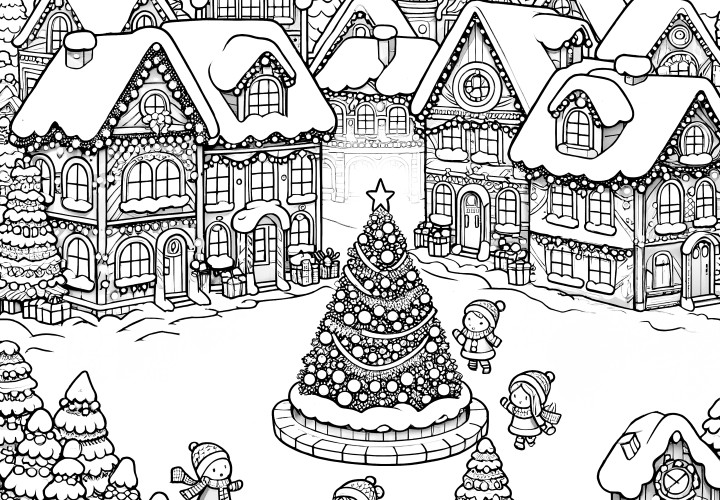 Winter city & big Christmas tree (coloring picture)