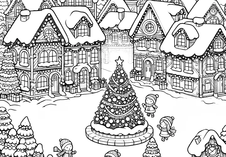 Winter city & big Christmas tree (coloring picture)