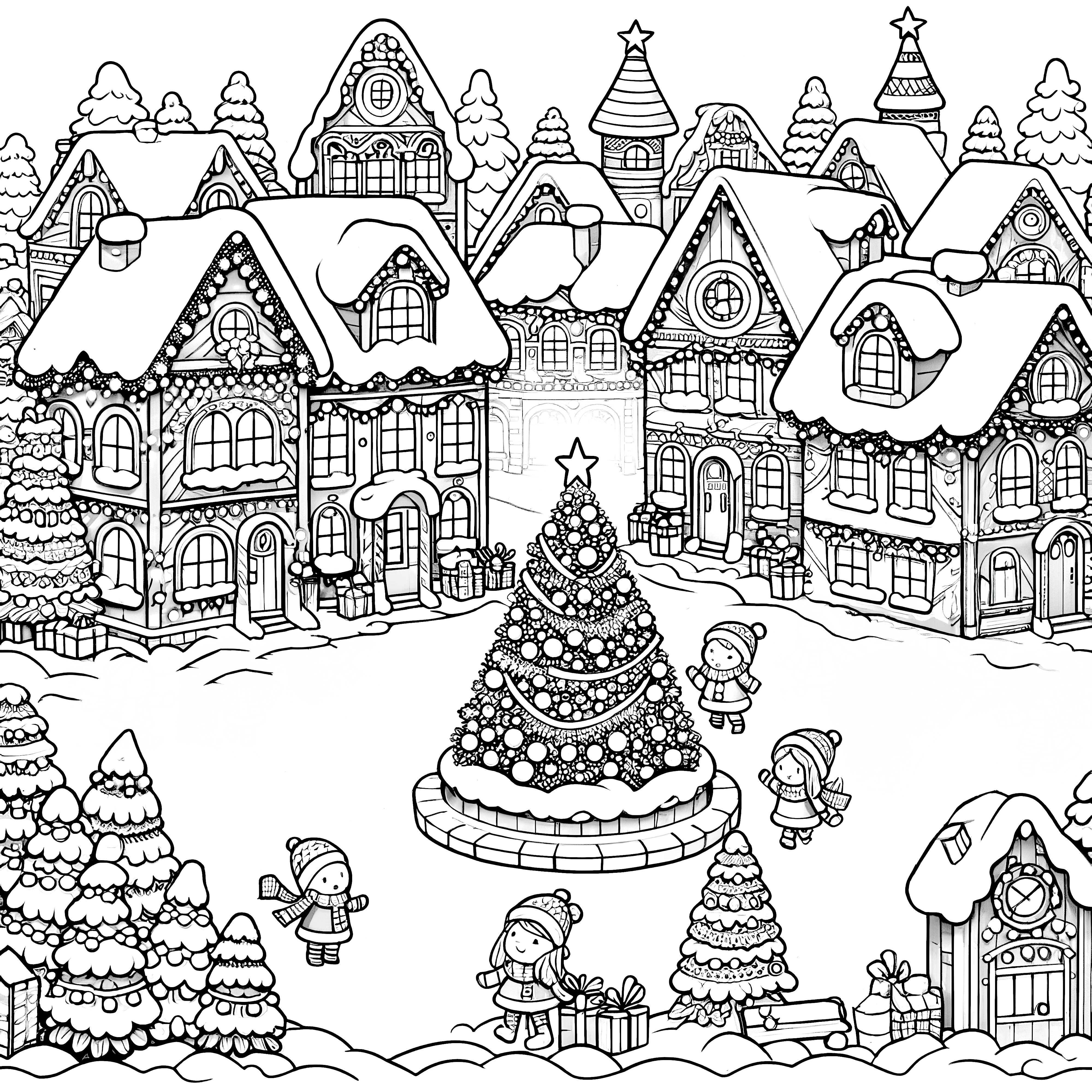 Ciudad invernal y gran árbol de Navidad (imagen para colorear)