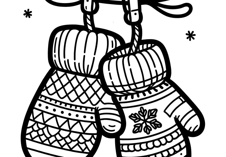 Gants suspendus sur la corde à linge : motif de Noël à colorier