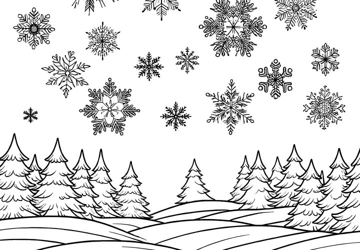 Snowflakes winter landscape coloring page