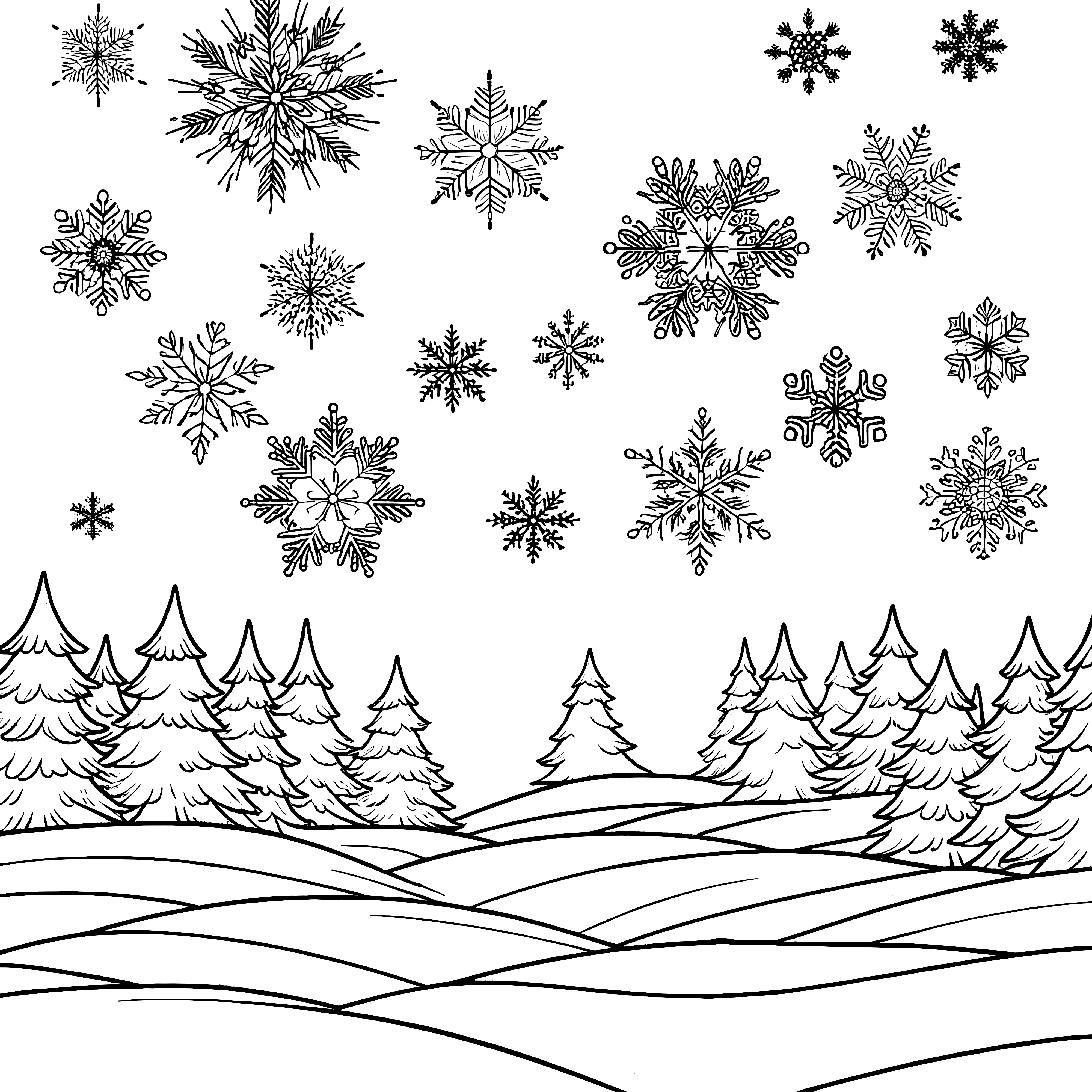 Snowflakes winter landscape coloring sheet