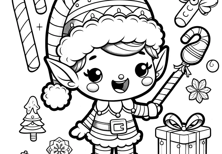 Christmas elf with Christmas motifs for coloring