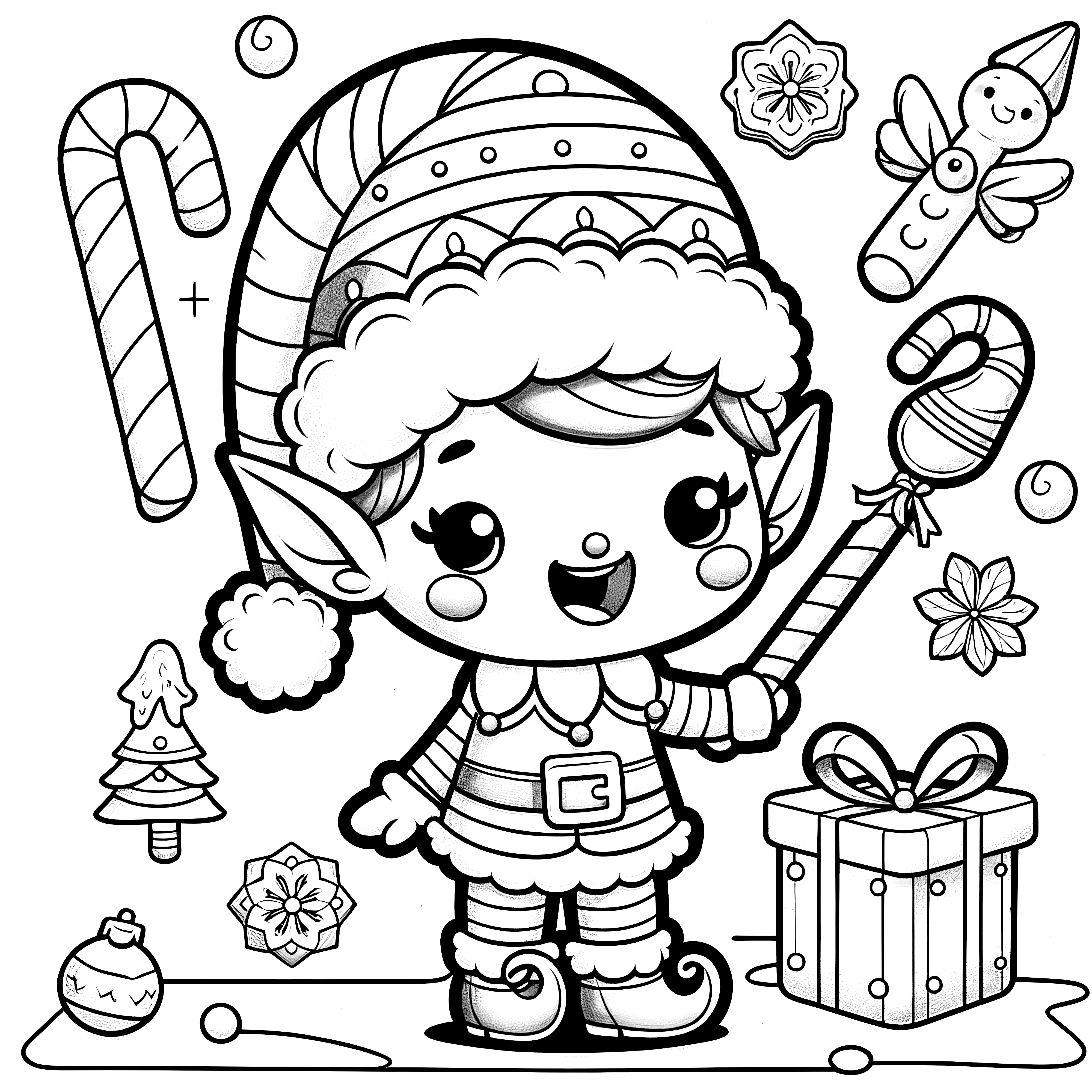 Christmas elf with Christmas motifs to color