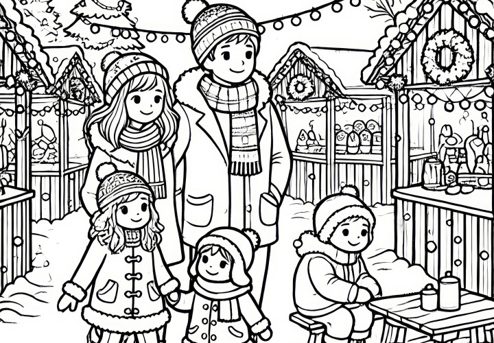 Tempo de Advento: A família visita o mercado de Natal (imagem para colorir)