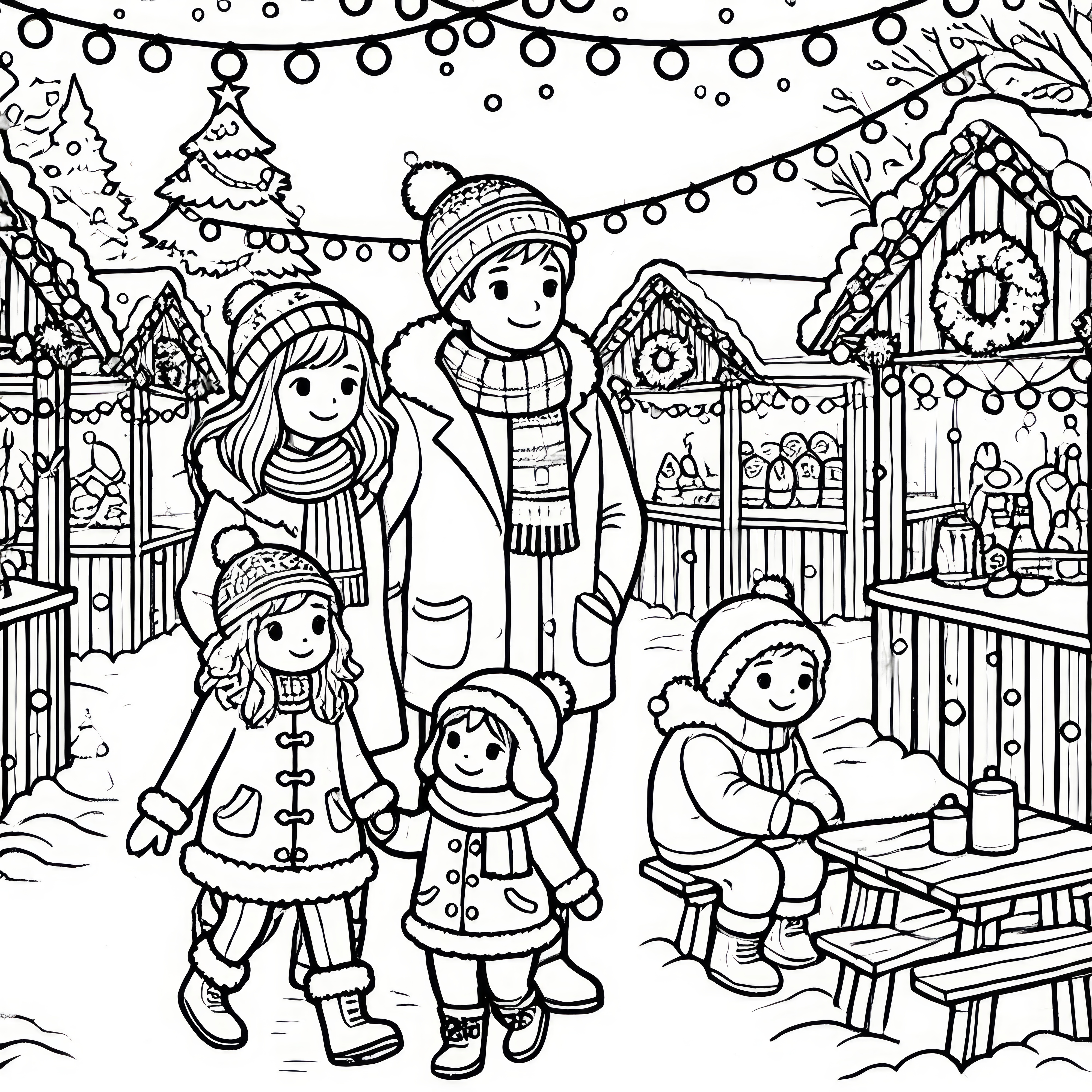 Advent zamanı: Aile Noel pazarını ziyaret ediyor (Boyama sayfası)