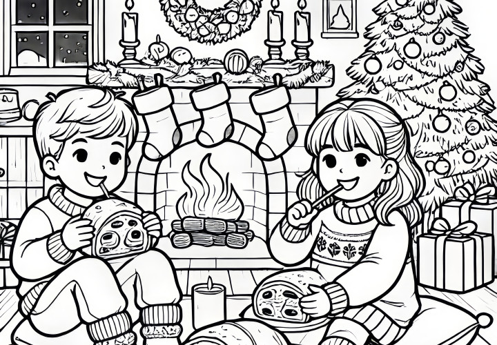 Children eat Christmas stollen during Advent season (coloring page)