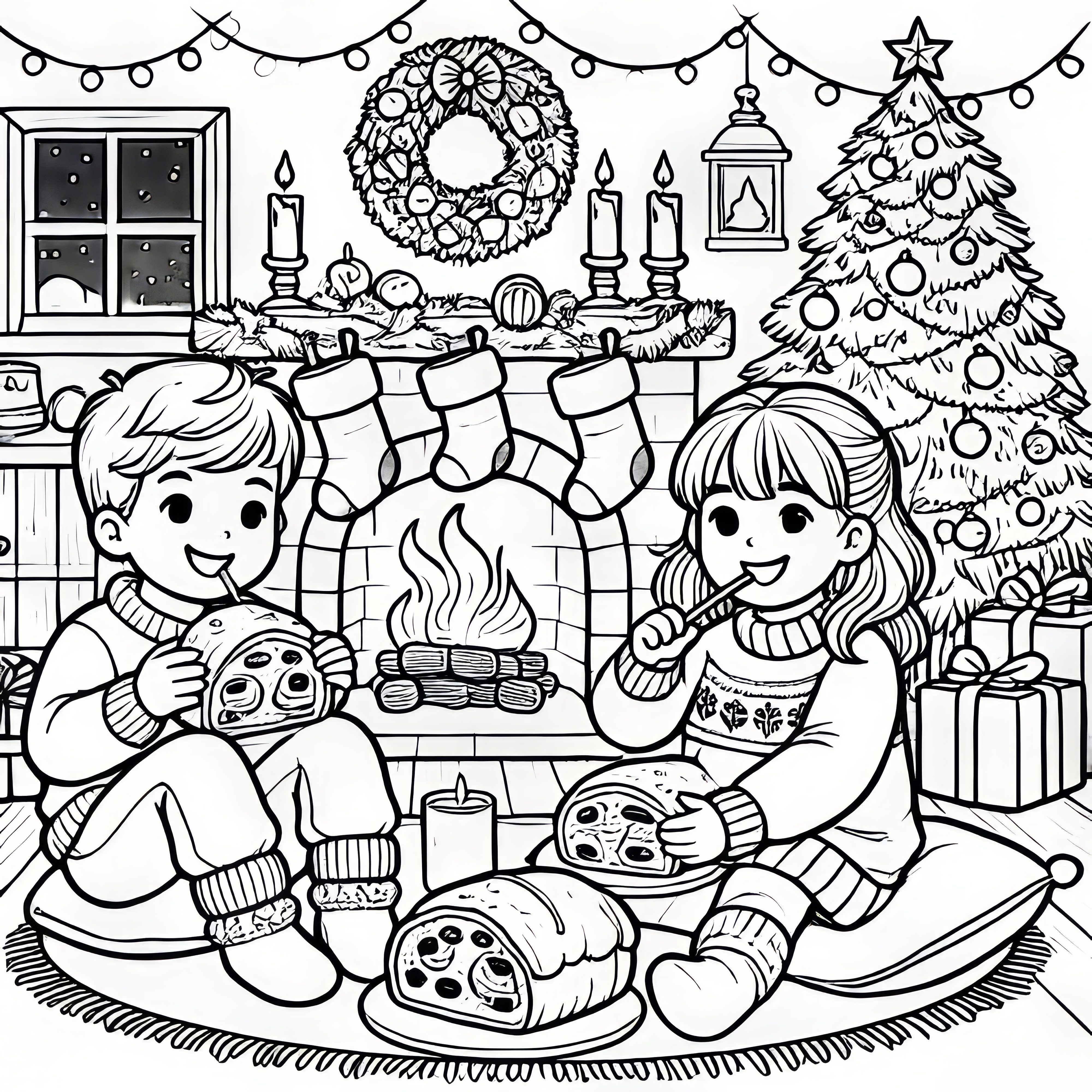 Children eat Christmas stollen during the Advent season (coloring page)