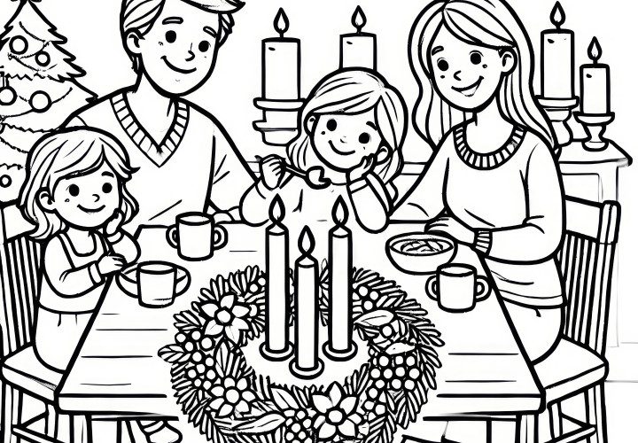 Famille pendant le repas de l'Avent - modèle de coloriage gratuit