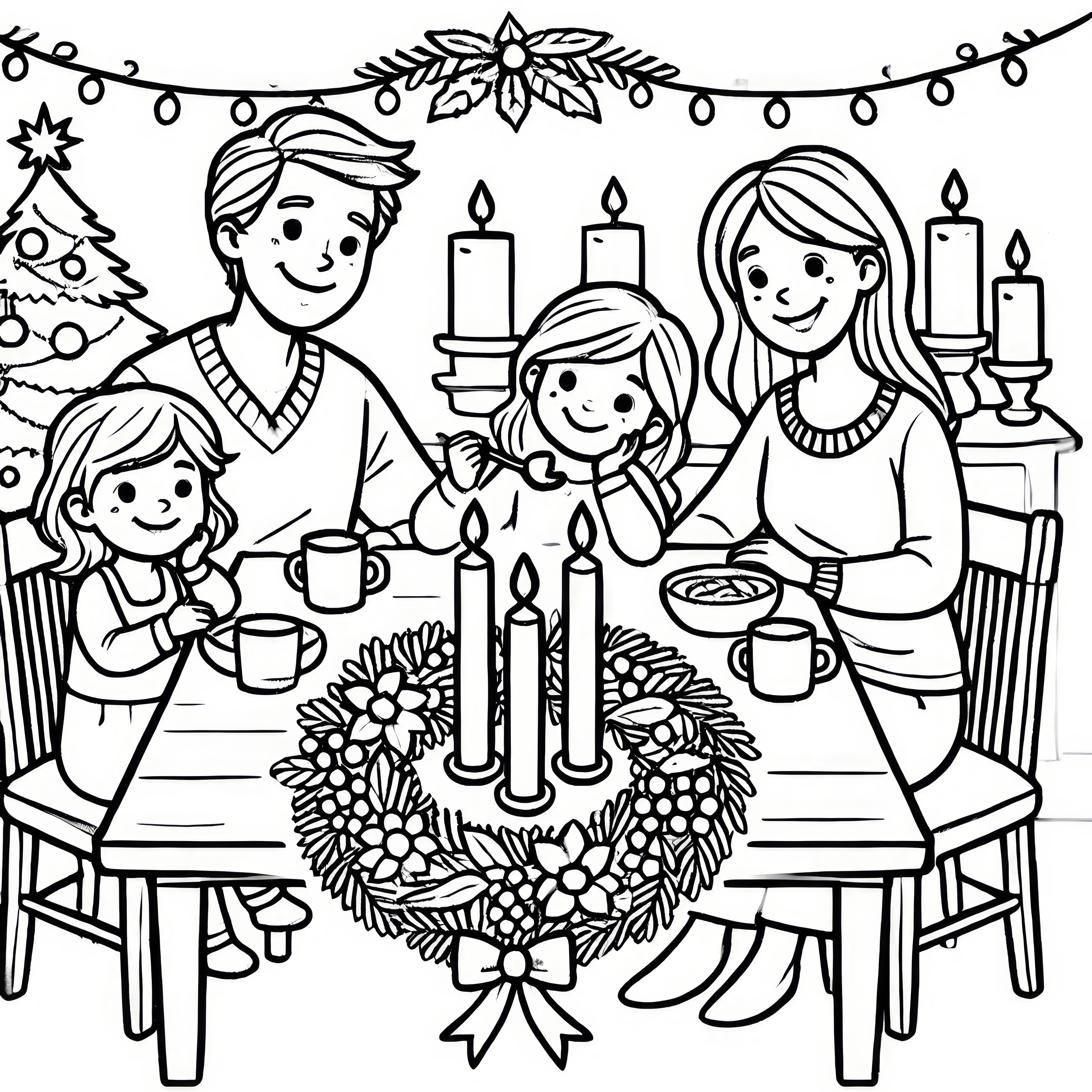 Family at the Advent dinner - free coloring sheet