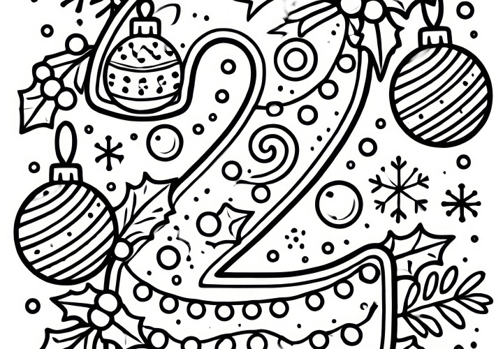 Second Advent: Christmas decorates number 2 as coloring picture