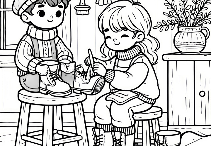 Children clean boots for St. Nicholas - coloring picture