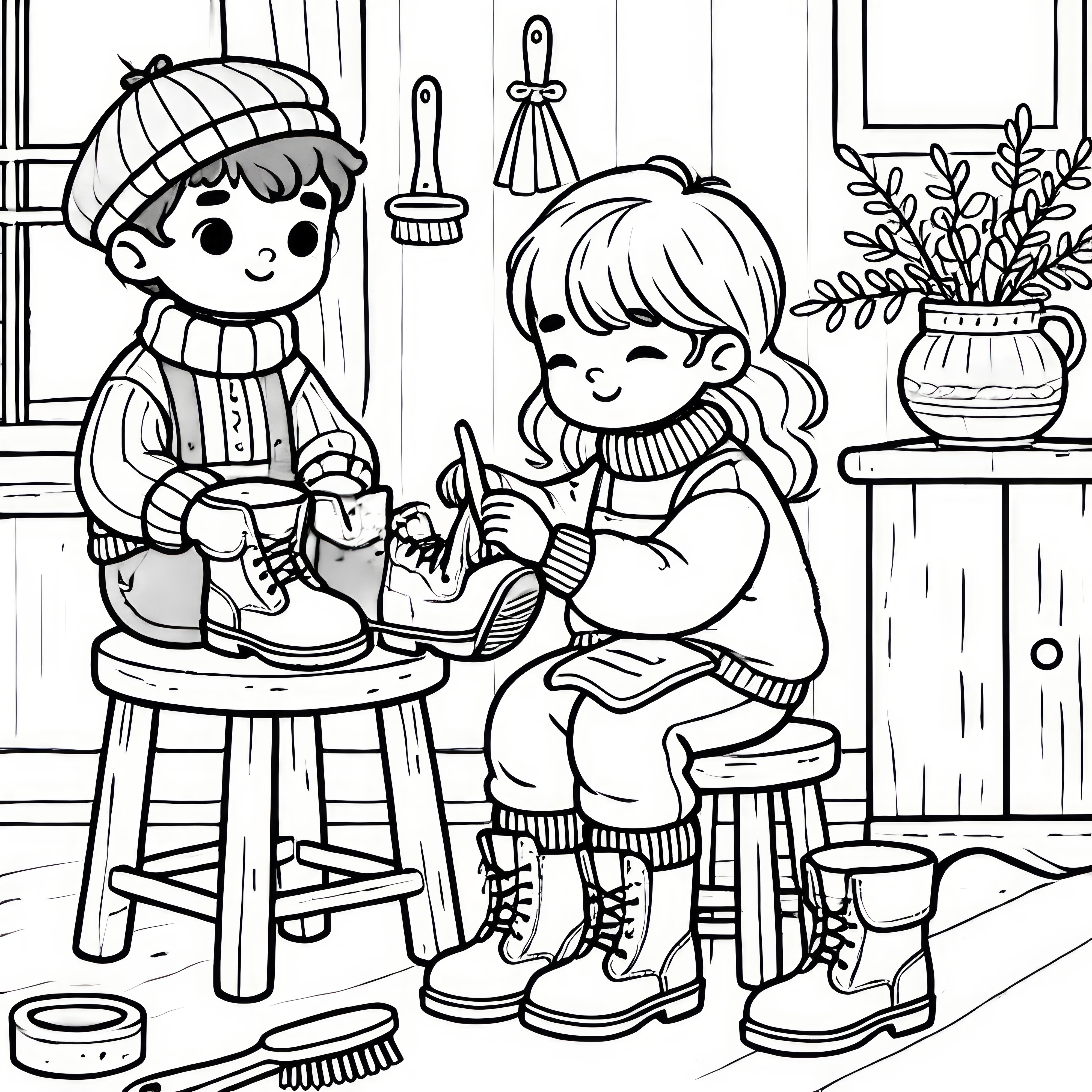 Les enfants nettoient des bottes pour Saint-Nicolas – Coloriage