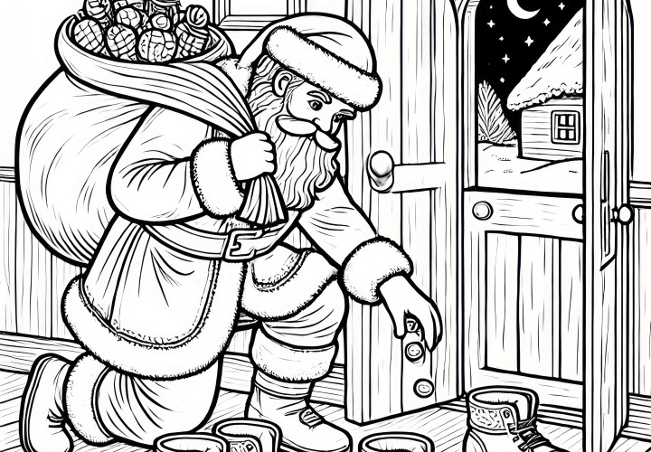 Saint-Nicolas remplit des bottes de Saint-Nicolas de cadeaux (coloriage)