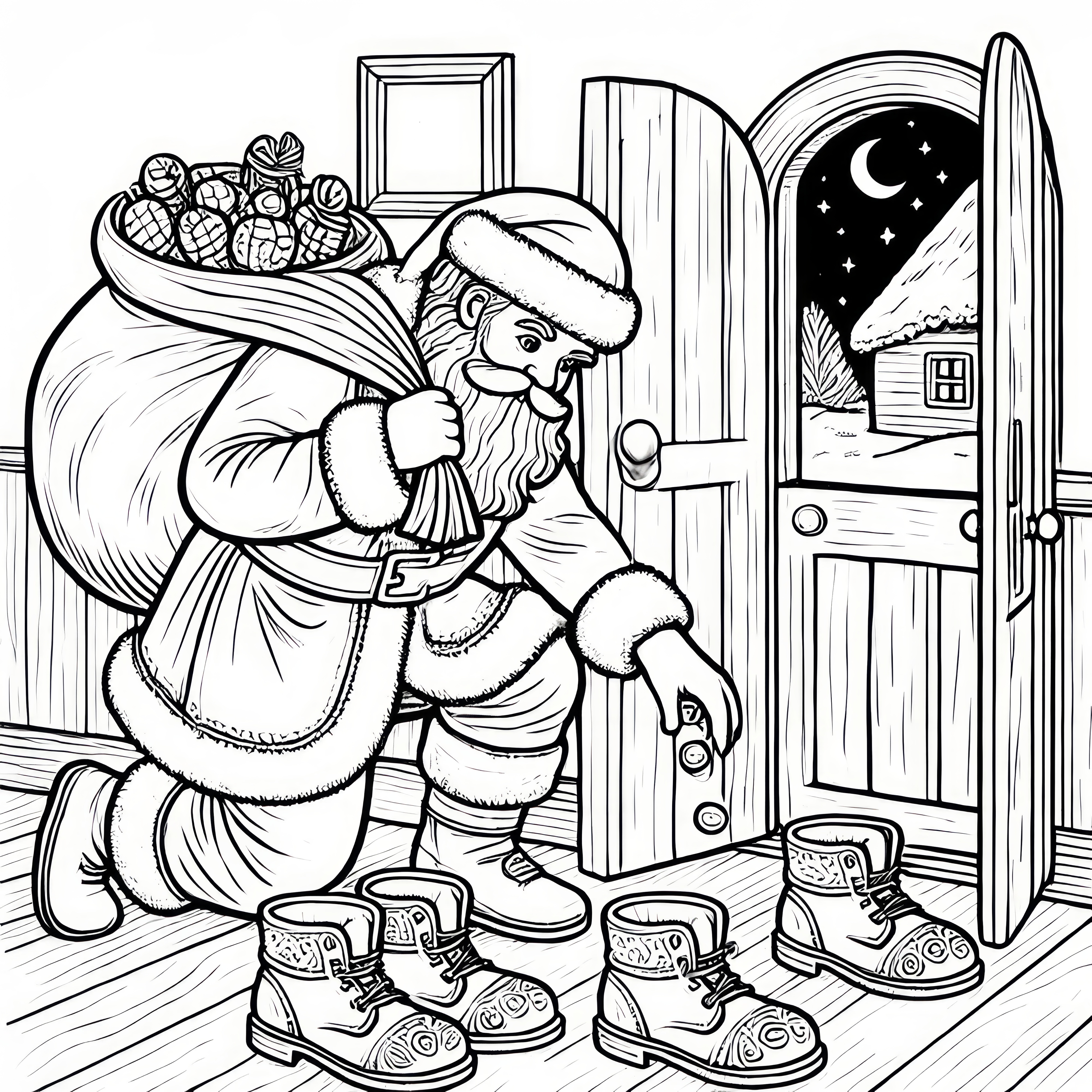 Santa Claus fills Santa boots with presents (coloring page)