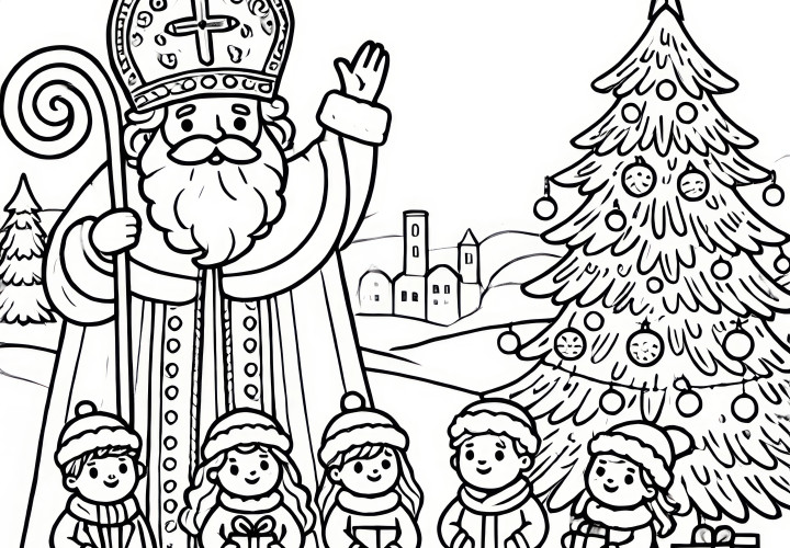 Saint-Nicolas avec des enfants et un sapin de Noël (coloriage)