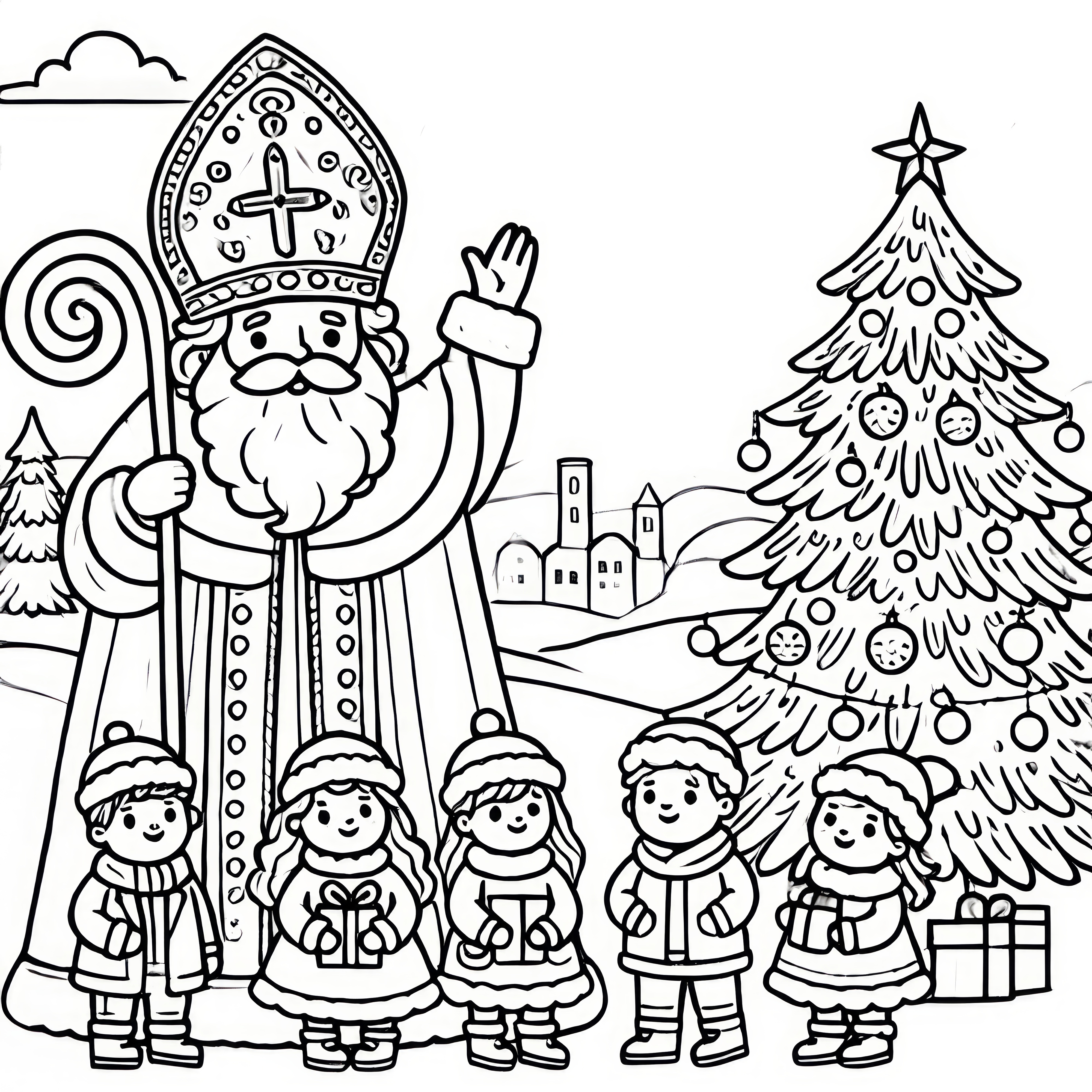 Saint-Nicolas avec des enfants & sapin de Noël (image à colorier)