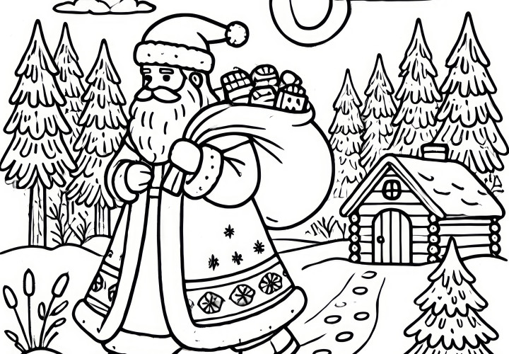 Santa Claus wanders through winter landscape - coloring picture