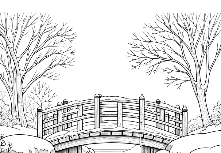 Snowy landscape with bridge & stream: free coloring template