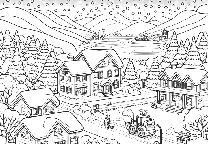 Idyllic village in winter: free coloring sheet