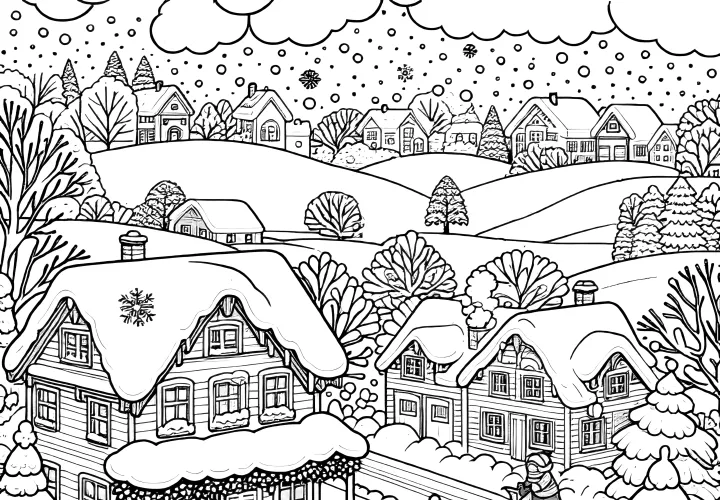 Snowy landscape with village, snowman, truck & children: coloring picture