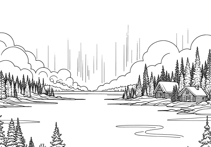 Winter landscape - Idyllic by the lake (free coloring page)