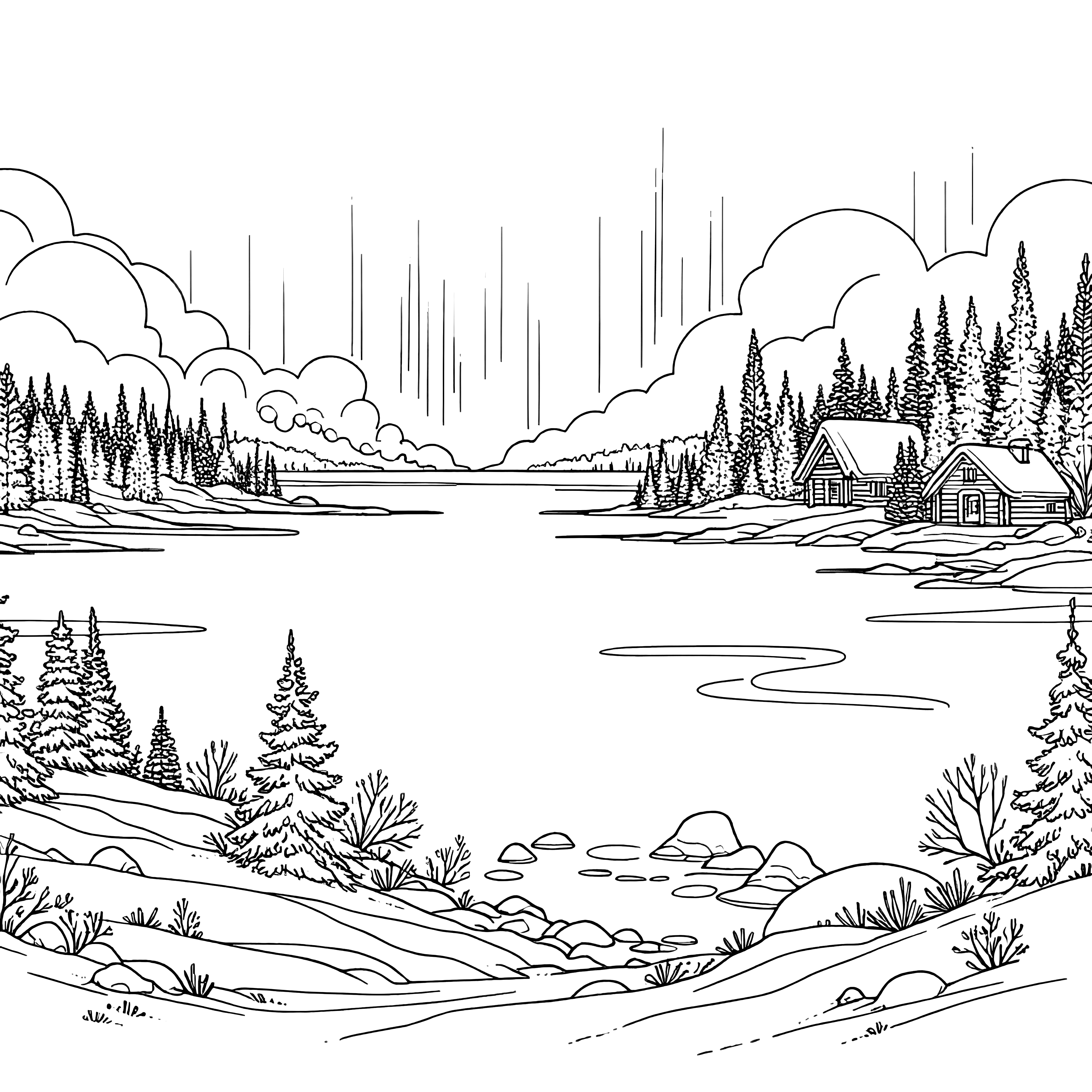 Winter Landscape - Idyllic Scene by the Lake (Free Coloring Page)