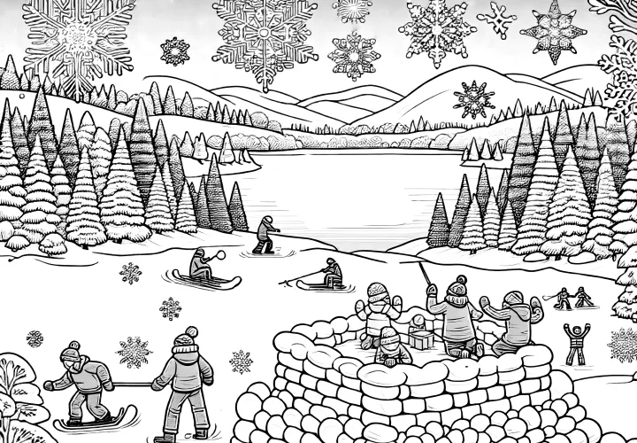 Winter landscape: People build igloo (coloring picture)