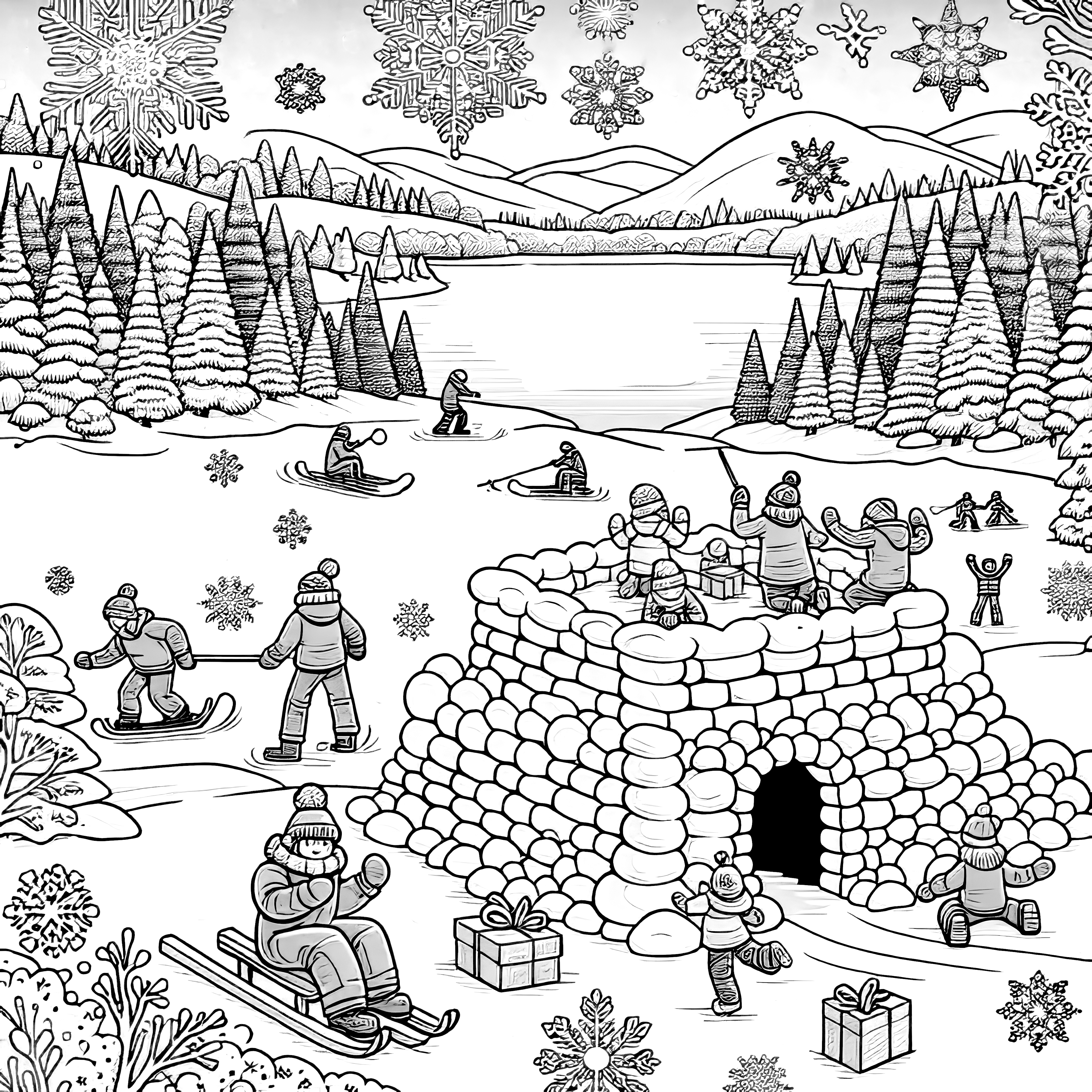 Winter landscape: People building igloo (coloring picture)