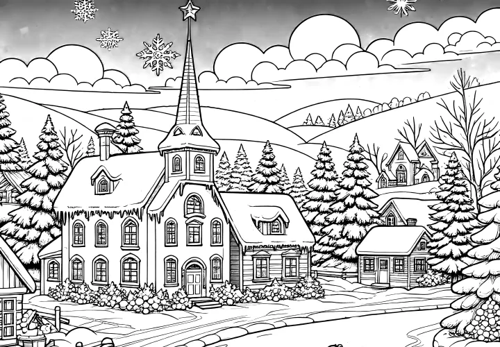 Snowy landscape with church, horses & sleigh: free coloring page