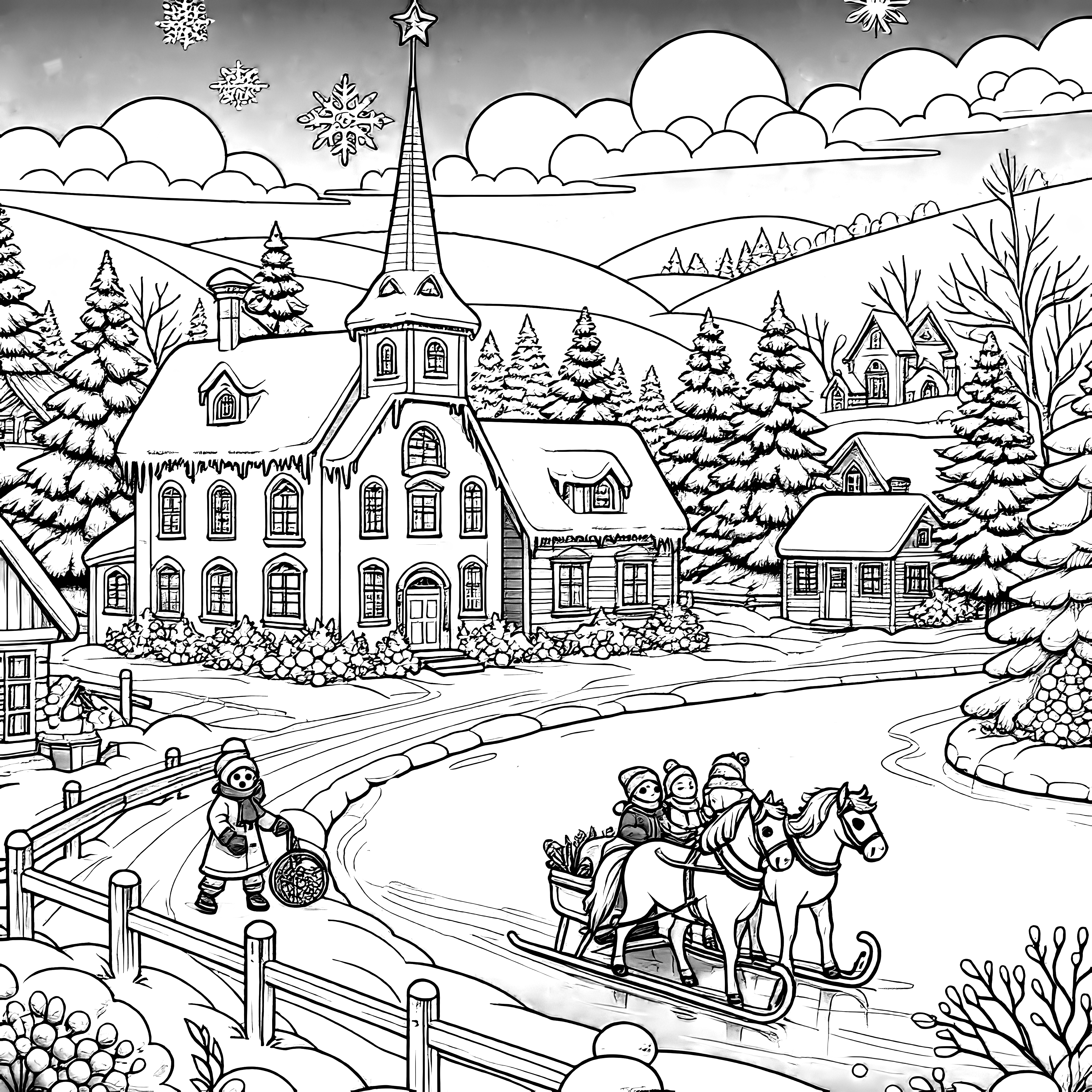 Snowy landscape with church, horses & sleigh: free coloring page