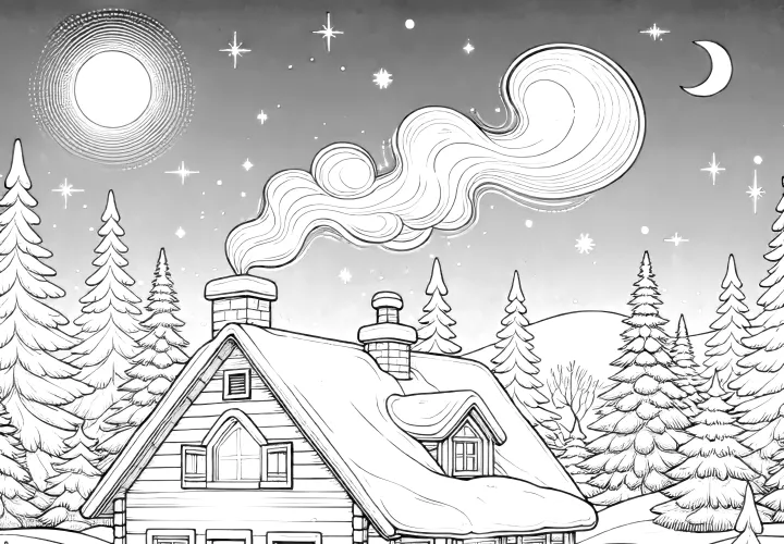 Winter landscape at night with wooden hut & fir trees (coloring template)